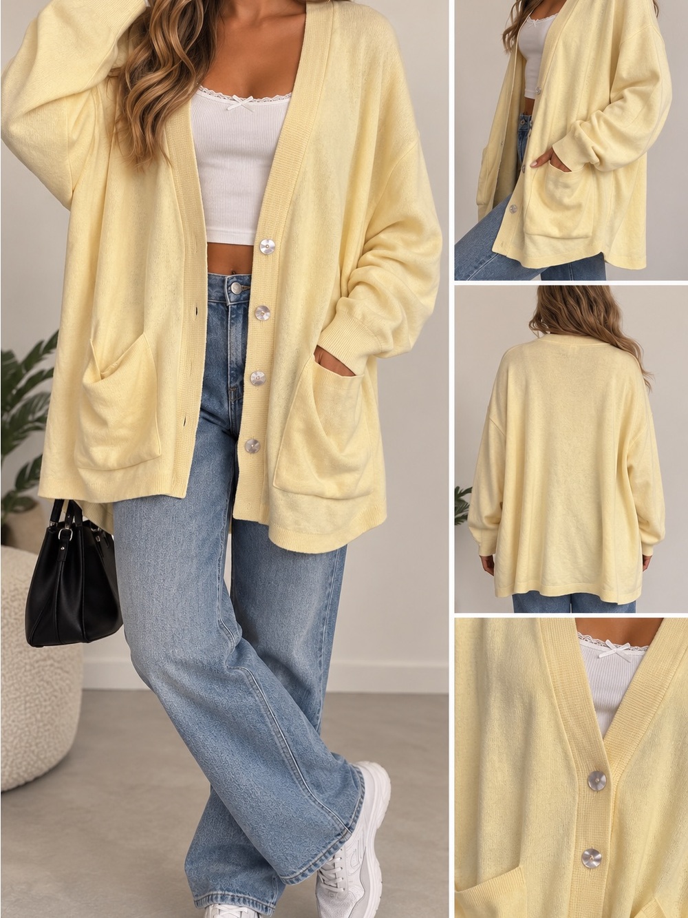 Vintage Saks Fifth Avenue Real Clothes Butter Yellow Oversized Cardigan L